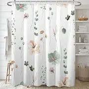 Decoreagy Watercolor Floral Shower Curtain Sets,Sage Green Orange Flowers Bathroom Curtains,Modern Minimalist White Bath Curtain, Waterproof Fabric with 12 Hooks 72x72 Inches