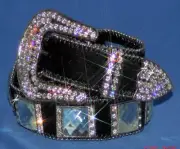 Cow hide leather belt with Crystal concho and crystal rhinestone Lg