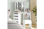 Advwin Dressing Table Stool Set 3-Fold Mirror Corner Vanity Desk White