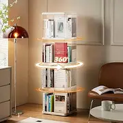 SYNCVIBE 4 Tier Rotating Bookshelf, Small Corner Bookshelf for Small Space, 360 Display Floor Standing Bookcase, Plastic Narrow Book Organizer Shelf for Bedroom, Living Room, Rectangular, Lazy Susan