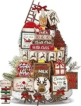 CroBlissful 24 Pcs Christmas Tiered Tray Decor Christmas Table Decor Farmhouse Centerpieces Decoration Elk Sled Tree Wood Blocks Signs for Home Decor Windowsill Shelf Mantel Decoration, Without Tray
