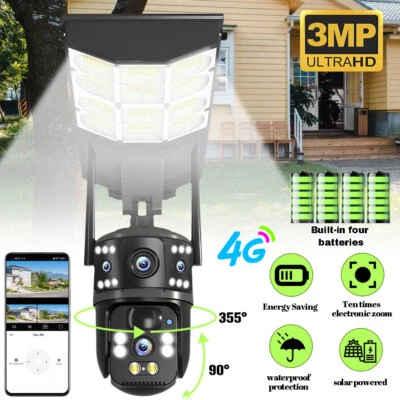6MP 4G Security Camera Dual Lens Outdoor PTZ Night Vision Cam 2Way Audio W/Light