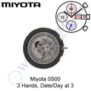 Genuine Miyota 0S00 Watch Movement Japan 3 Hands, Date/Day at 3