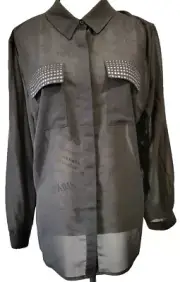 NWT Susan Graver Chiffon Sheer Button Front Blouse with Nailhead Trim 2XL