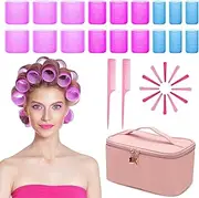 BlueFire 34 Pcs Hair Rollers with Makeup Carrying Case-18 Self Grip Velcro Hair Rollers with 12 Clips, 2 Tail Combs, 1 Hair Braider, Self Grip Hair Curlers for Bangs/Long/Medium Hair(Pink Makeup Bag)