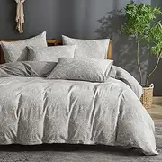 [Ivellow] Linen Cotton Blended Duvet Cover Set Floral Branch Duvet Cover Set Breathable Durable Jaquard Textured Duvet Cover Set Light Grey Queen