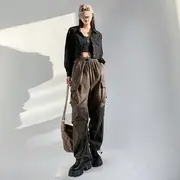 High Rise Plain Drawstring Harem Cargo Pants Coffee - M