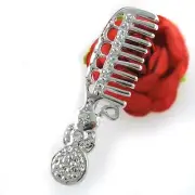 Hair Brush Comb Stylist Clear Crystal Costume Brooch Pin High Polish Silver Tone