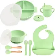 Baby Weaning Set, Silicone Baby Feeding Set(10 Pcs) with lid, Toddler Weaning Set with Adjustable Bib, Suction Bowl, Plate, Fork, Spoon, Water & Snack Cup Kit for Babies, Toddler and Kids (Green)
