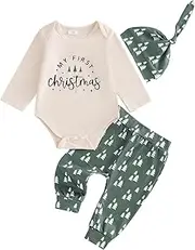[Xiaodriceee] My First Christmas Baby Boy Outfit Long Sleeve Letter Romper Christmas Tree Gingerbread Man Print Pants With Hat