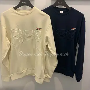 REEBOK 立體大LOGO 大學T 深藍/米白