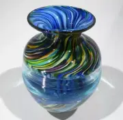 HAND BLOWN GLASS ART VASE, DIRWOOD, INCALMO, AQUAMARINE BLUE GREEN, GOLD, n3752