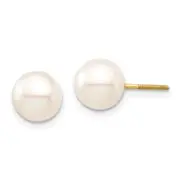 Real 14K Yellow Gold Madi K 7-8mm White Round Cultured Pearl Screwback Earrings