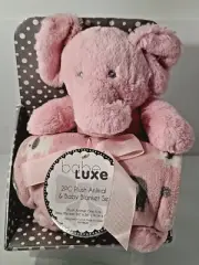 Babe Lux Plush Animal Elephant and Baby Blanket Set Pink and White New