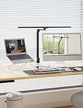 ROTOPATA Architect Desk Lamp for Home Office with Clamp & 2 Charging Port, Led Study Table Lamp with 34.65in Double Arm, 24W Detachable Light with Timing & Memory, Adjustable Brightness and Height