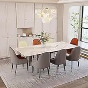 Extendable Dining Table Sintered Stone: Rectangular Kitchen Room Table Stretchable 150cm - 180cm Snow Mountain White Marble Texture Leaves Tables 6-8 Seater with Flat-Sided Oval Steel Legs