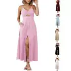 Women Shirred Backless Holiday A-Line Split Flowy Long Dresses