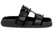 Valentino Rockstud Black Shearling Fur Caged Mule Slip On Slides Sandal Flat 36