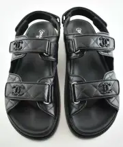 Chanel Black Leather Quilted Chain CC Logo Mule Slide Strap Flat Dad Sandal 41