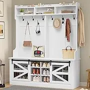 Hall Tree with Shoe Storage and Coat Rack, Farmhouse Entryway Bench with 16 Shoe Cubbies & 12 Coat Hooks, Freestanding Bench for Entryway Hallway, Sliding Barn Doors, White