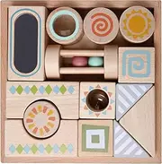 Munich Blue Sensory Blocks - Wooden Stacking Blocks with Bell, Kaleidoscope, Mirror, Rattle & Tambourine, Stacking Toys for 1 2 3 Year Old Boys & Girls - Fun Educational Toys