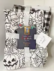 Cynthia Rowley Halloween 8 Napkins Spider Web Pumpkin Black White Check 18"