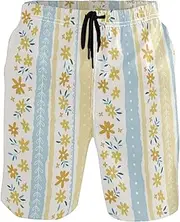[GuoChe] Men's Beach Shorts Cute Ditsy Yellow Blue Quick Dry Swimwear Holiday Beach Short Casual Board Shorts