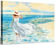 Beautiful Woman Walking By The Ocean Canvas Print Framed 11.8" x 15.7" Wall Art