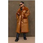 Plus Camel Vinyl Contrast Faux Fur Midi Coat, Camel