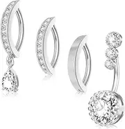 [CHARIFIN] Nose nail plug Piercing navel nail Stainless steel zircon industrial navel ring reverse deduct human body piercing jewelry set 4 Pcs, Cubic Zirconia, No Gemstone
