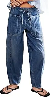 [Buxitt] Barrel Jeans for Women Stretch Elastic Waist Pull-on Wide Leg Baggy Pants Lightweight Casual Crop Denim with Drawstring