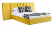 Panelled custom upholstered bed and wide headboard