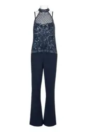Aidan Mattox Halter Illusion Embellished Popover Keyhole Mesh Crepe Jumpsuit
