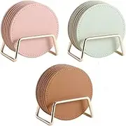 Cute Pink Leather Coasters, Set of 6 Round Coasters with Gold Holder, Kawaii Coasters with Heat-Resistant and Absorbent Cork, Cute Decor