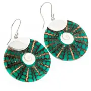 925 Silver Turquoise Green Shiwa Cone Shell Dangling Sterling Earrings, 1 1/4"