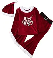 [Generic] Baby Gift Girl Toddler Baby Kids Girls Suit Christmas Cosplay Patchwork O Neck Pullover Tops Pants Hat 3PCs Set Outfits New Born Girl Outfits for Pics (Red, 12-24 Months)