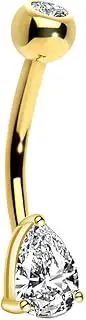 [OUFER] 14G 14K Solid Gold Belly Button Ring, Clear Teardrop CZ Navel Rings, Belly Bars, Navel Piercing