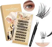 NAGARAKU Pre Glued Cluster Lashes with Tweezers 48 Pcs No Glue Needed Press-on Pre-bond Eyelashes Reusable Self Adhesive DIY Lashes Fluffed Style (SAT-003, 0.07mm C Curl 10-16mm）