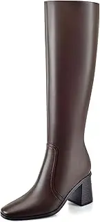 [Dumjey] Knee High Boots Women Flat Boots Square Toe Long Boots Block Heel Knee High Boots with Back Zippers