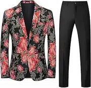 [DGHM-JLMY] Mens 2 Piece Floral Dress Suit One Button Dinner Tuxedo Jacket & Pants Luxury Printed Wedding Blazer, Red and Black, 6X-Large