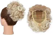 Hairpiece Messy Curly Hair Buns Synthetic Drawstring Bun Hairpiece Comb Clip Ponytail Hair Extensions Daily Use(Ash Blonde mix Bleach Blonde)