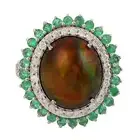 6.66Ct Opal Diamond Emerald Border Prong Set Cocktail Ring 18k White Gold