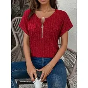 Women's Summer Tops Solid Color Stylish Casual Short Sleeve V Neck Regular Tops Daily Zipper Black Wine Blue Green Summer Spring