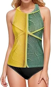 [AIXIWAWA] Women's Tankini Tops-Green Yellow Leaf, Swimsuit Top for Beach Pool Vacation S