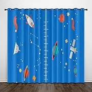 Exquisite Bedroom Blackout Curtains, Blue Rocket Cartoon 79x63 Inch Heat Insulation Blackout Children's Curtains,3D lackout Curtains, Suitable for Living Room Bedroom Childre