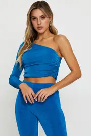 Blue Slinky Jersey One Shoulder Top - Size M, Women's Singlet Crop