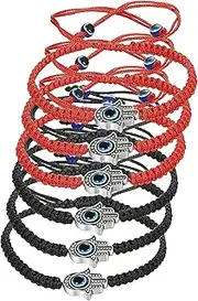 [LOYALLOOK] 6pcs Braided String Kabbalah Bracelets Rotating Evil Eye Hamsa Hand for Protection Bracelet Red/Black String