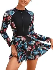 FYMNSI Women Rash Guard Long Sleeve Swim Dresses Modest Swimsuit Printed Swimdress with Shorts
