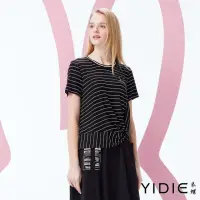 在飛比找momo購物網優惠-【YIDIE 衣蝶】圓領條紋扭結短袖上衣-黑