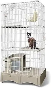Iris Plaza MB247 Cat Cage, Integrated Toilet, Cat Cage, 3 Tiers (Includes Cat Sand Scoop, Hammock), Gray